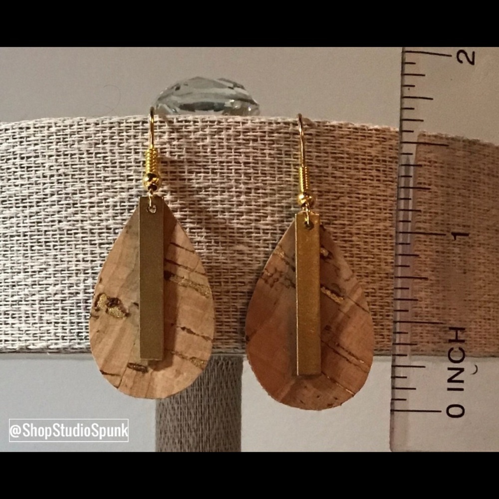 White Faux Leather & Cork w/Gold Flake Earrings